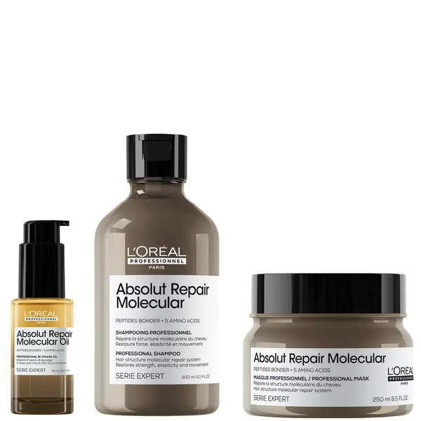 L'Oréal Professionnel Absolut Repair Molecular Shampoo 300ml, Hair Mask 250ml & Bi-Phase Hair Oil for Damaged Hair 30ml