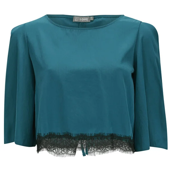 LOVE Women's Lace Edge Tie Back Crop Top - Blue