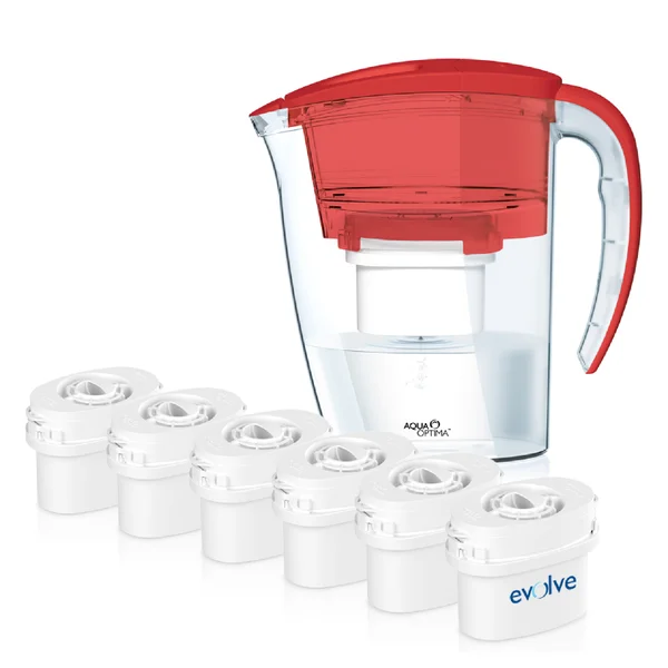 Aqua Optima 2.25L Red Galia Water Filter Jug with 6 x 60 Day Evolve Filter Cartridges (12 Month Bundle)