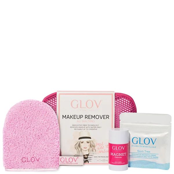 GLOV® Pink Travel Water-Only Makeup Removing Mitt for All Skin Types with Fiber Soap Set