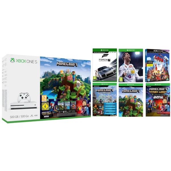 Xbox One S 500GB with Minecraft Complete Adventure, Forza 7, FIFA 18 & The LEGO Movie 4K Ultra HD Blu-ray