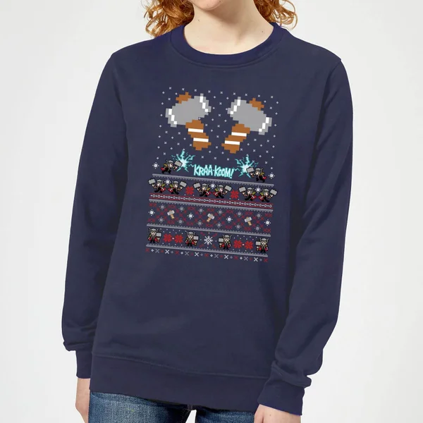 Marvel Avengers Thor Pixel Art Women's Christmas Jumper - Navy