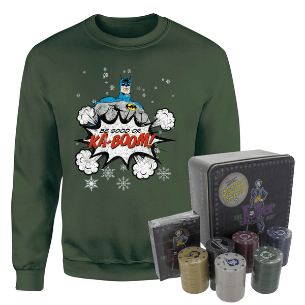 DC Batman Be Good or Kaboom Christmas Jumper and Joker Poker Bundle - forest Green