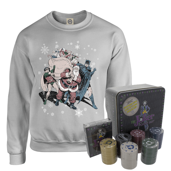 DC Batman and Robin Santa Claus Christmas Jumper and Joker Poker Bundle - Grey