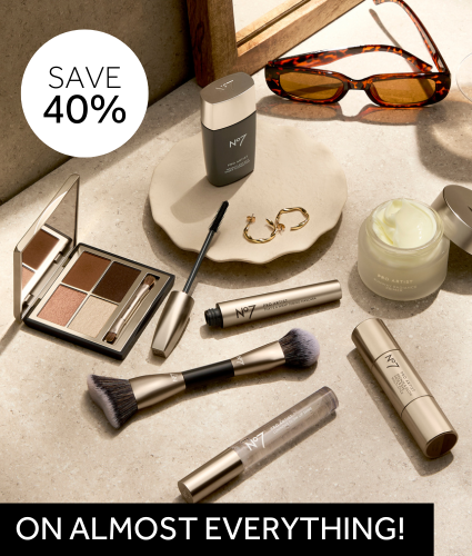 Text reads: Save 40% on almost everything! Photo shows a range of make up products.