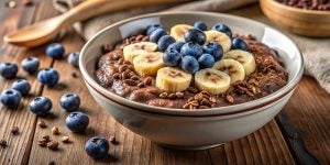 A smoothie bowl topped with bananas, blueberries and flaxseeds.