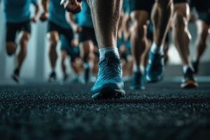 A close-up on the shoes of a group of runners