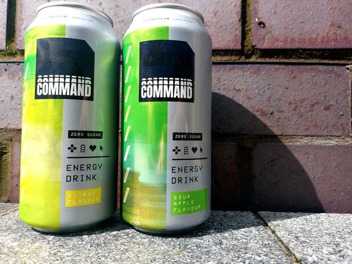 Command Citrus energy drink can and sour apple energy drink can