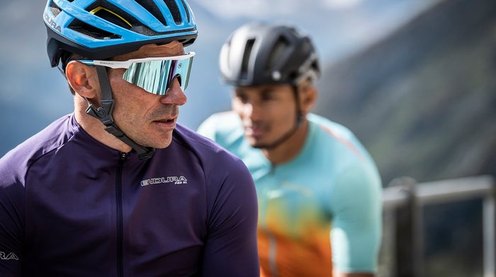 Close up of Endura cyclist wearing mirrored cycling glasses