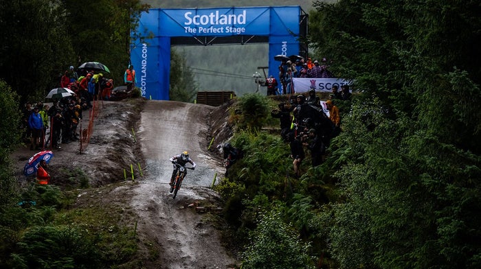 Mountain biker riding on the Nevis Range downhill course