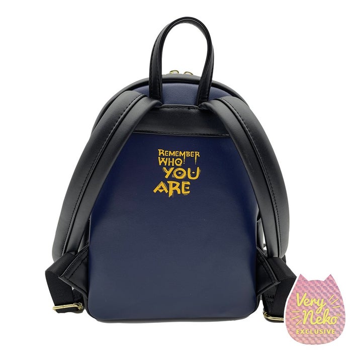 The back of our Disney Moments Loungefly backpack. It has the quote "Remember who you are"