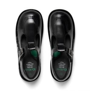 Overhead image of pair of black patent Kickers Vegan school shoes