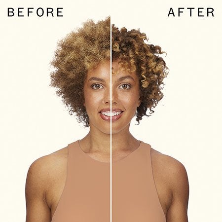 before and after of a woman's curly hair after using the glass action hydrating hair oil to remove frizz