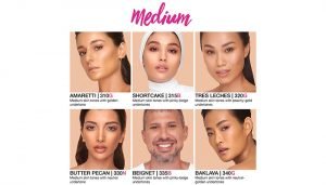 6 models wearing different medium shades of Huda Beauty Faux Filter Foundation