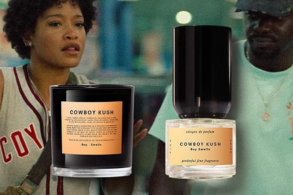 cowboy kush perfume against an image of a man and a woman of darker skin, the woman as a short afro