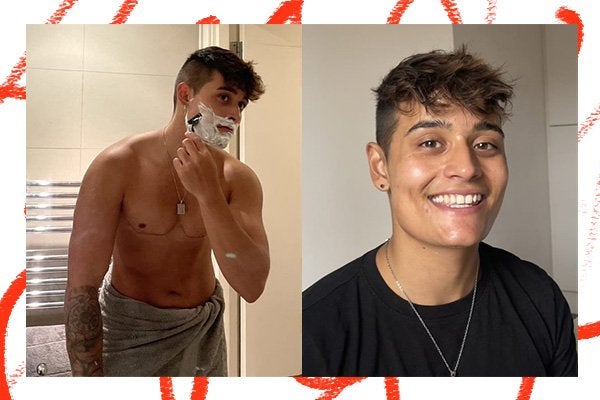 Side by side collage of a transgender person, image on the left is him shaving in the mirror and on the right he is smiling at the camera