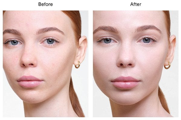 A close up of a before and after image of a female model wearing Hourglass’ Vanish Airbrush Concealer in shade Creme. 