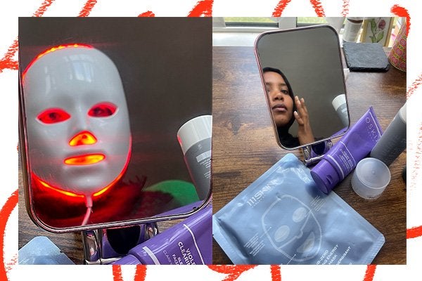 two images, one of which is a close up of a Dessee Pro face mask being used, and the other a collection of skin care products near a mirror with a womans reflection 