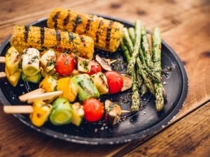 A plate with grilled vegetables.