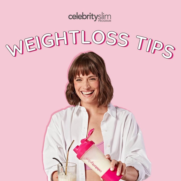 A woman enjoying a Celebrity Slim shake on a pink background, text reads "Celebrity Slim Programme Weight Loss Tips"