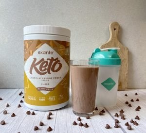 exante chocolate fudge cookie keto shake tub and glass