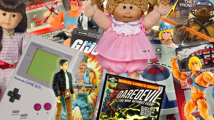 A collage of classic '80s toys, from He-man, Game Boy to Cabbage Patch Dolls.