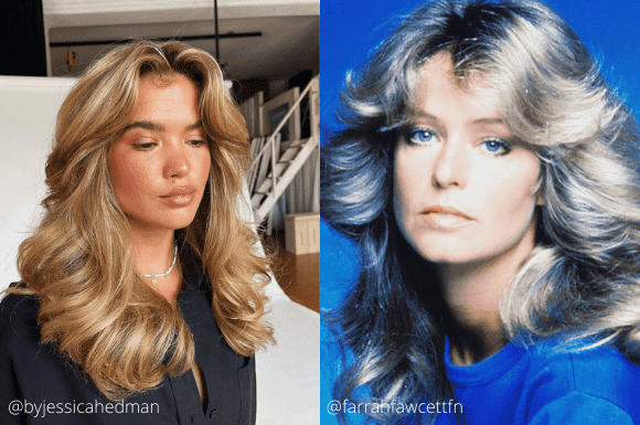 Matilda Djerf with face framing curtain bangs and Charlie’s Angel Farrah Fawcett showing 70s hair inspiration