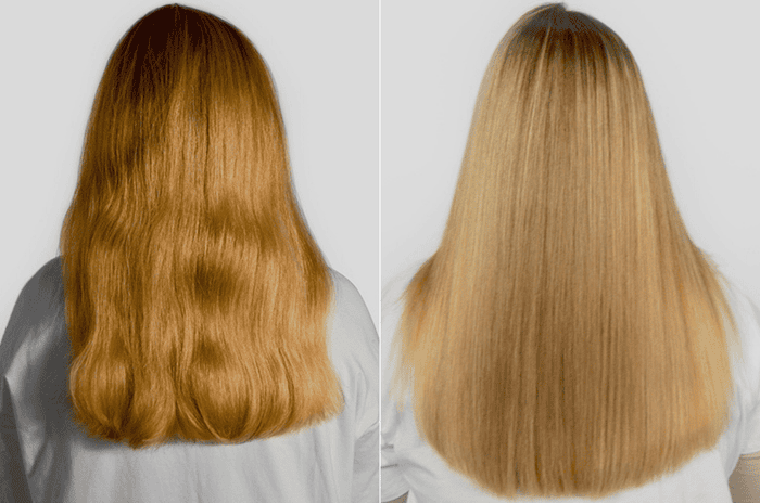 Before and after picture of blonde hair from using the hair growth serum intense