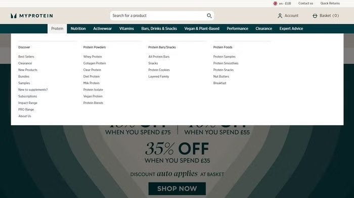 Myproteins desktop-hjemmeside med navigation