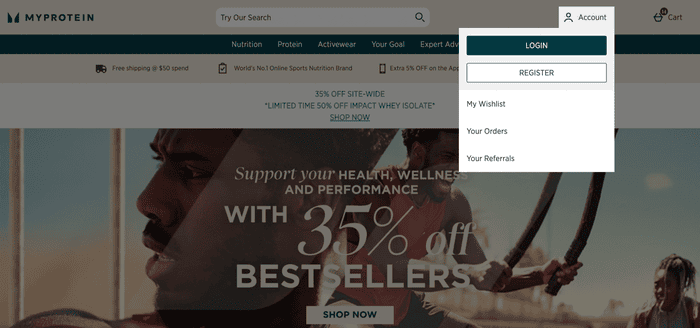 Myprotein website login tab