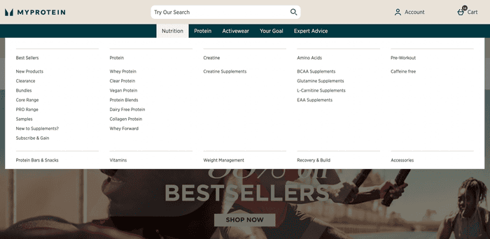 Myprotein website navigation bar