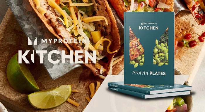 protein plates recipe book with breakfast tacos as background