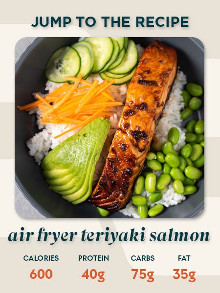 air fryer teriyaki salmon recipe card