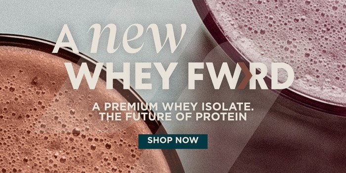 The new Whey Forward Isolate protein powder as a shake in flavours chocolate and strawberries & cream.