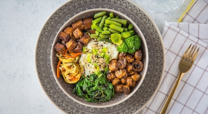 Mushrooms, Brussels Sprouts & Tofu Grain Bowls