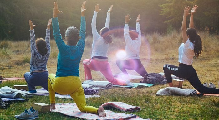 A group of women in a open green space all performing yoga poses on yoga mats.
