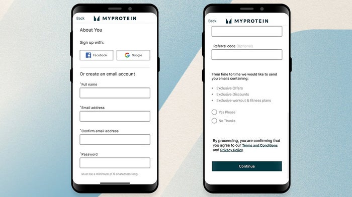 Myprotein app on two phones with steps to create account on display