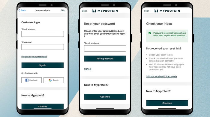 How to reset your password on the Myprotein app displayed on three phone screens