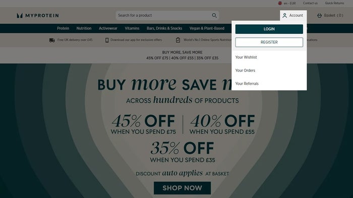 Myprotein website on desktop showing login options