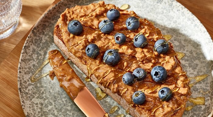 toast with nut butter and blueberries