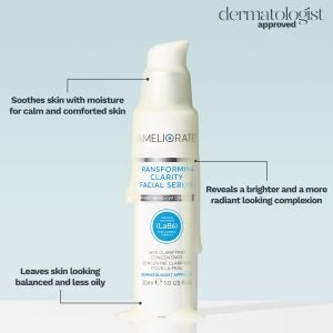 An infographic of our Transforming Clarity Serum with three labels relating to how it could fix a dark upper lip: "soothes skin with moisture for calm and comforted skin," "Reveals a brighter and more radiant looking complexion," "Leaves skin looking balanced and less oily."