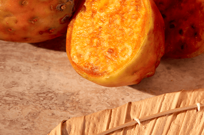 Natural hair ingredient the prickly pear is cut in half showing the orange textured inside and prickly outside.