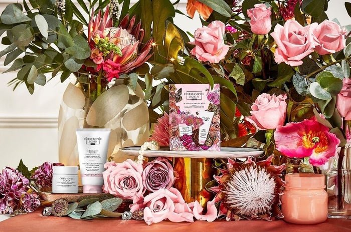 Christophe Robin christmas beauty gift sets for volumising hair. Three products packaged in a pink floral gift set.