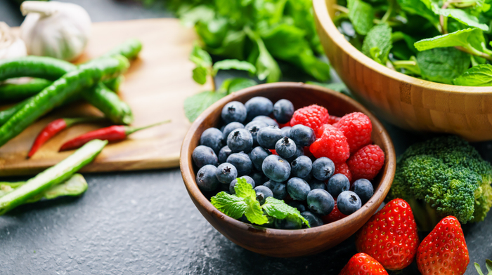 bowl of superfood blueberries and raspberries