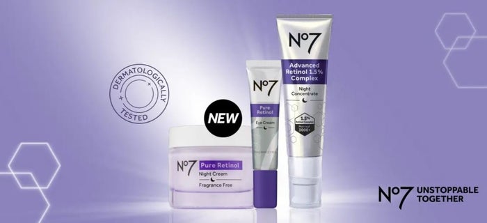 No7 pure retinol eye cream, including an eye cream, night cream and retinol serum