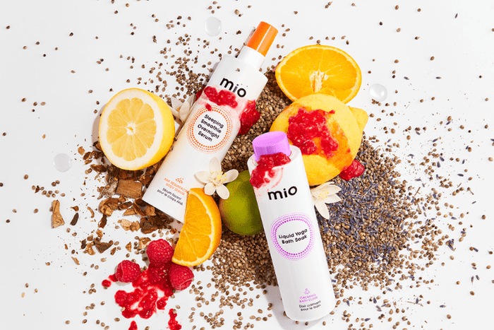 mio sleeping smoothie serum and liquid yoga bath soak with fruit ingredients