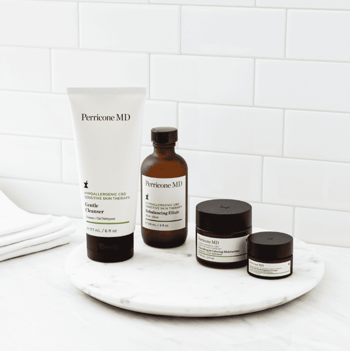 collection of CBD products on a bathroom counter