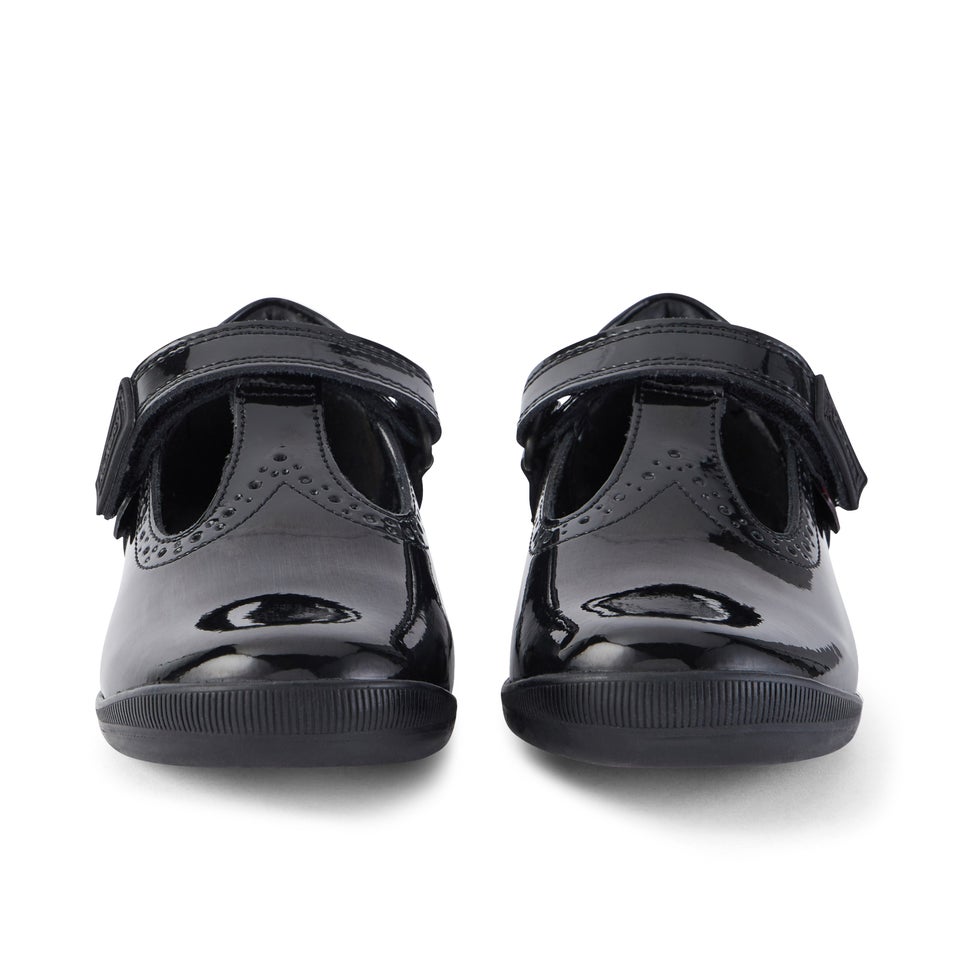 Junior Girls Bridie Brogue T-Vel Patent Leather Black