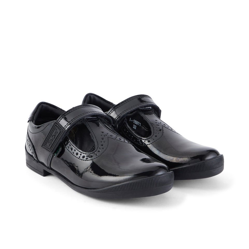 Junior Girls Bridie Brogue T-Vel Patent Leather Black