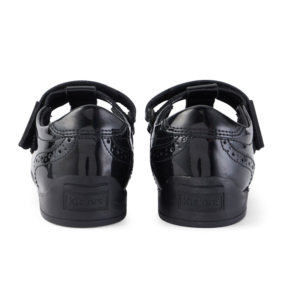 Junior Girls Bridie Brogue T-Vel Patent Leather Black